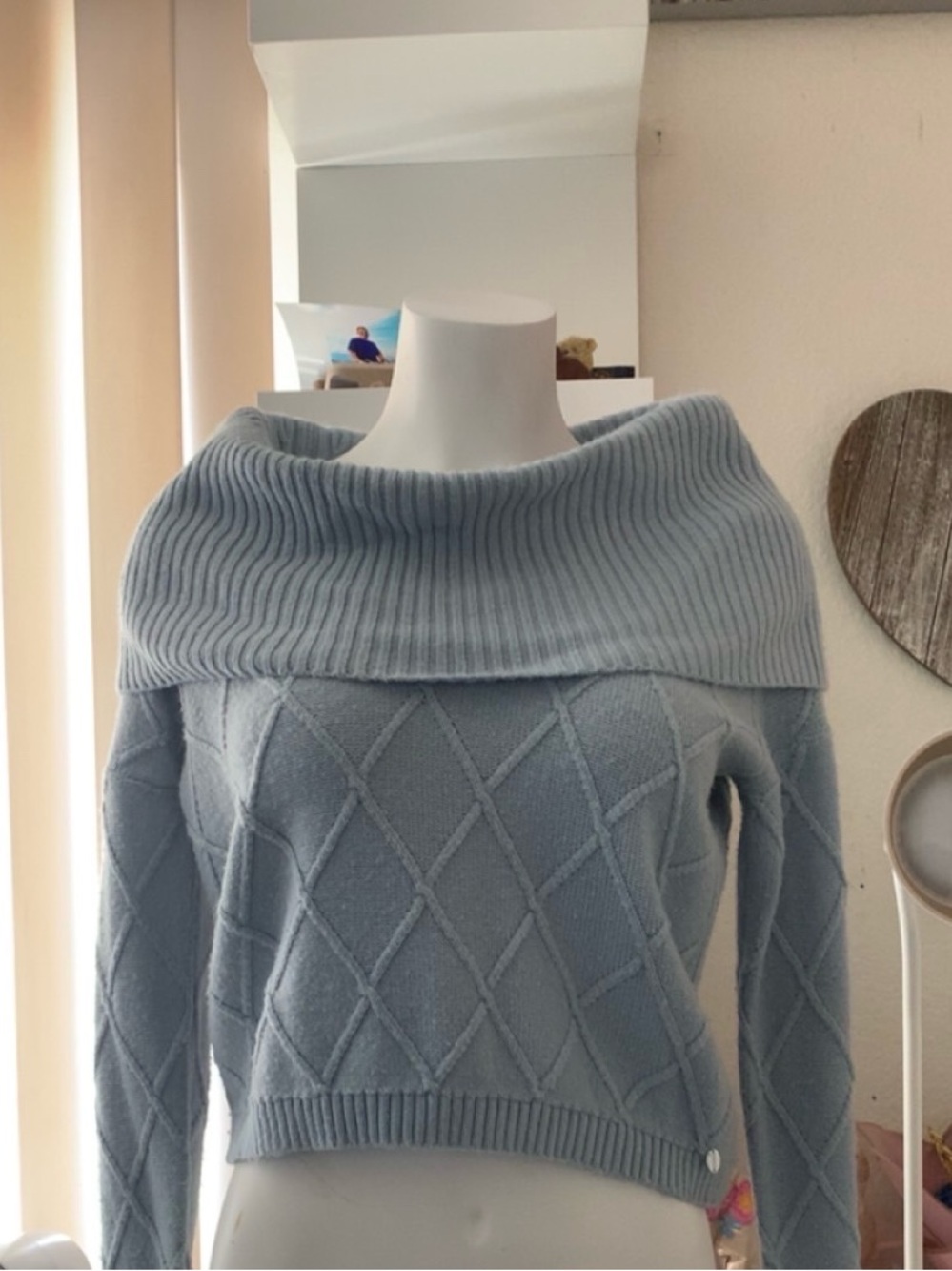 Guess Off-the-Shoulder Diamond Knit Sweater - Light Blue
